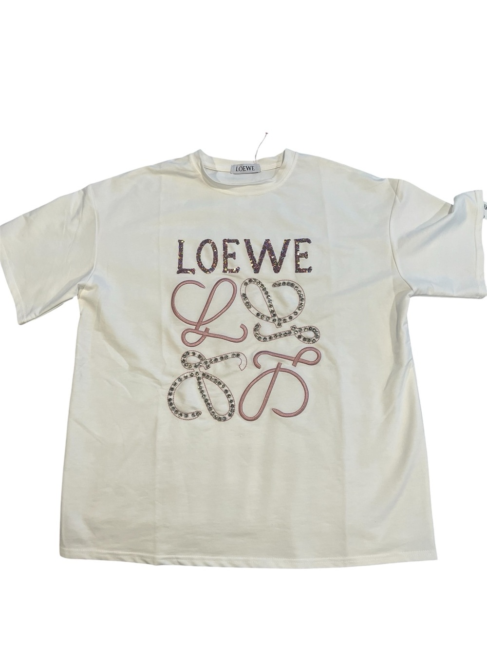 Loewe Rhinestone Logo T-Shirt White Embroidered Script Designer Top